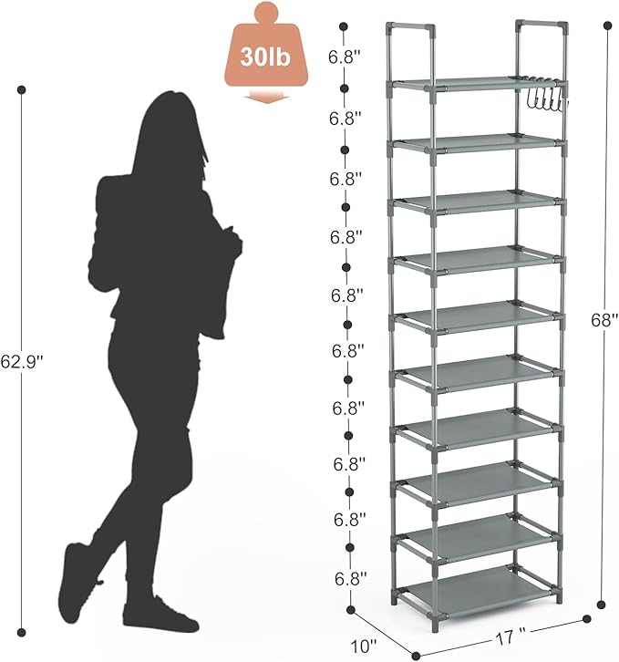 10 Tiers Tall Shoe Rack 20-25 Pairs Boots Organizer Storage Sturdy Narrow Shoe Shelf for Entryway, Closets with Hooks, Grey