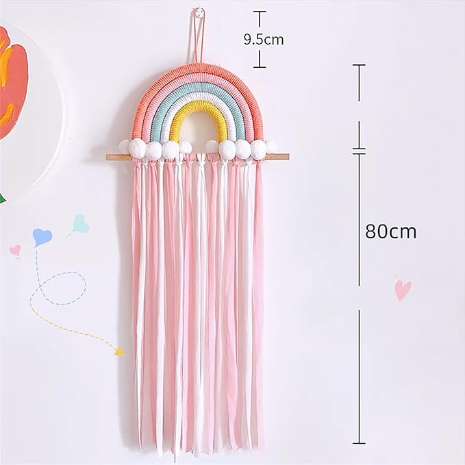 Rainbow Macrame Bow Holder Hanging Hair Bow Organizer for Girls, Hair Clip Holder Hair Clips Headband Storage Hanger Boho Wall Decor