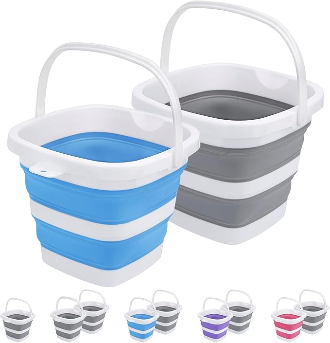 2 Pack Collapsible Buckets 5L 1.3Gallon Small Cleaning Bucket for Household Portable Plastic Bucket Outdoor Car Washing Tub Foldable Camping Beach Sand Water Pot Pail Space Saving Square Grey and Blue