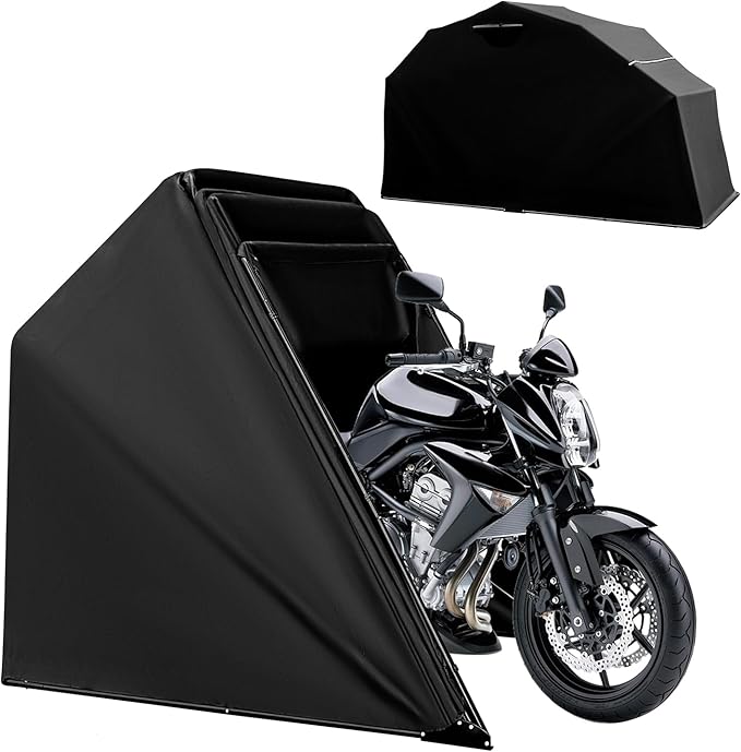 Motorcycle Storage Shelter Shed 3.25x9FT Motorcycle Garage Tent Heavy Duty Vehicle Motorcycle Shed with 600D Oxford Fabric Cover with 2 Roll-Up Side Windows (Black, M Size)