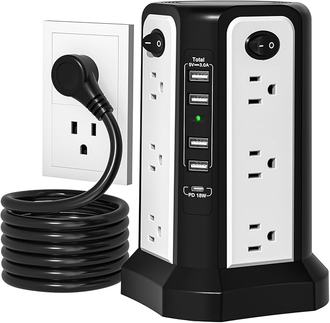 Surge Protector Power Strip Tower with PD18W USB C Port, PASSUS Charging Tower with 5 USB, 10FT Extension Cord with 12 AC Multiple Outlets, Overload Protection for Home Office Dorm Room