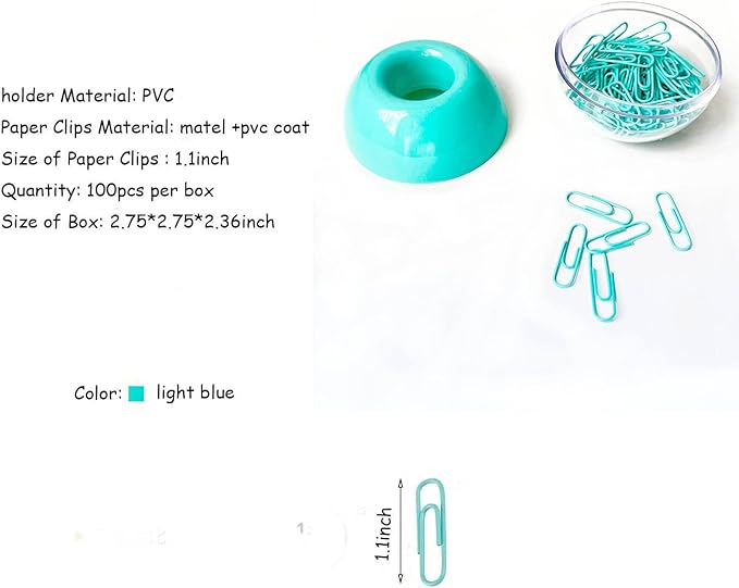 Teal Paper Clips Holder with 100pcs 1.1 inch Mint Green Paper Clips for Office Desk Organizer Accessories