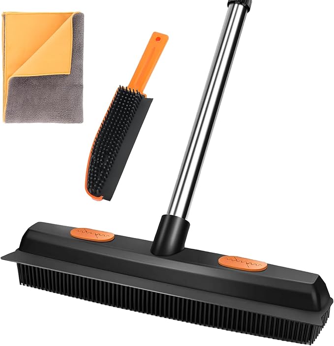 FUNNSOO Rubber Broom with Squeegee for Pet Hair Removal, 52" Adjustable Carpet Rake, Reusable Floor & Carpet Cleaning Tool, Includes Microfiber Cloth and Pet Hair Comb
