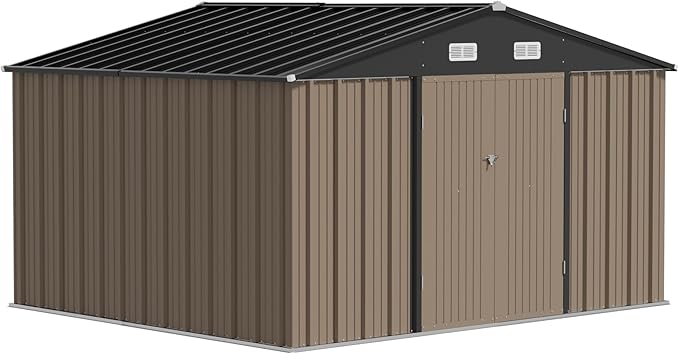 JUMMICO 10 x 8 FT Outdoor Storage Shed, Large Metal Garden Shed & Tool Sheds for Backyard Garden Patio Lawn (Brown)