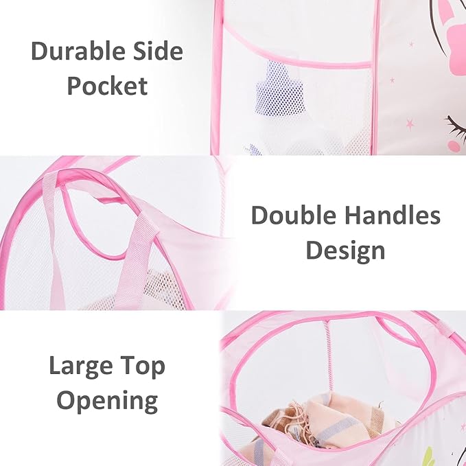 TECHMILLY Collapsible Mesh Pop Up Laundry Hamper with Sturdy Handles and Side Pocket - Portable Foldable Clothes Baskets for Dorm, Bathroom & Travel Storage (Unicorn, 3 Packs)