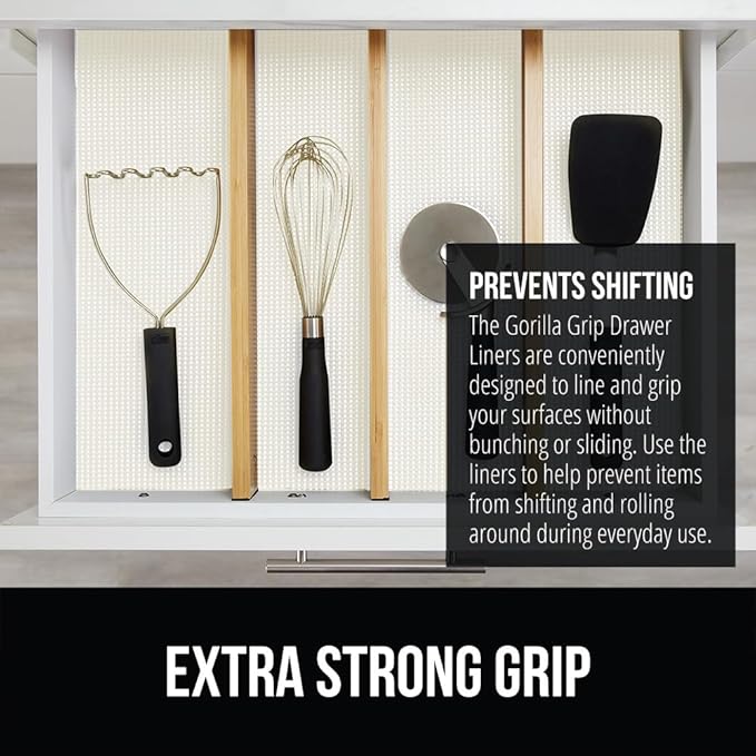 GORILLA GRIP powerGRIP Drawer Shelf and Cabinet Liner, Thick Strong Hold, Non-Adhesive Liners Protect Kitchen Cabinets and Cupboard, Bathroom Drawers, Easy Install, Breathable Mat, 20" x30' Snow White