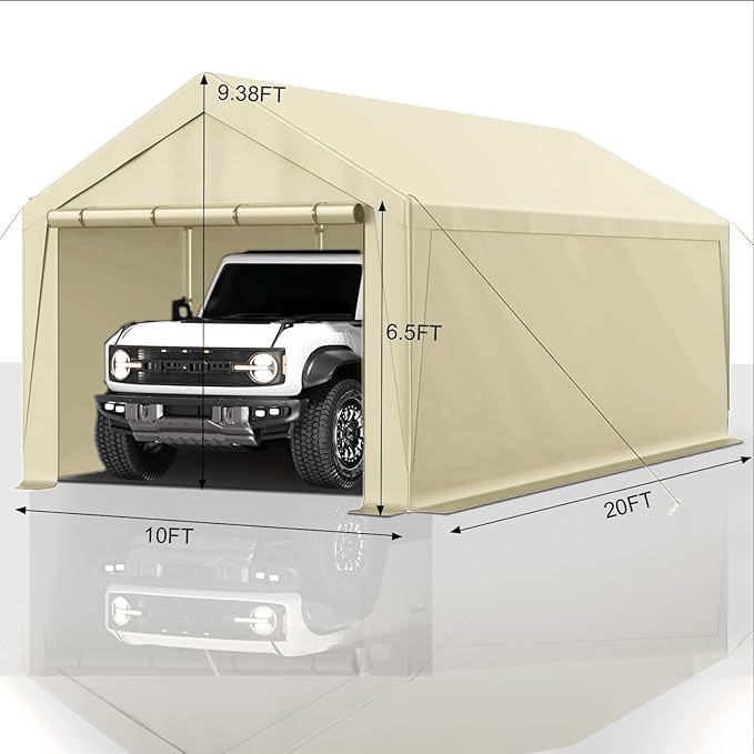 Carport 10x20 Ft Heavy Duty Canopy Steel Canopy Storage Shed,Portable Garage Party Tent,Portable Garage with Removable Sidewalls & Doors All-Season Tarp for Carport (Beige)