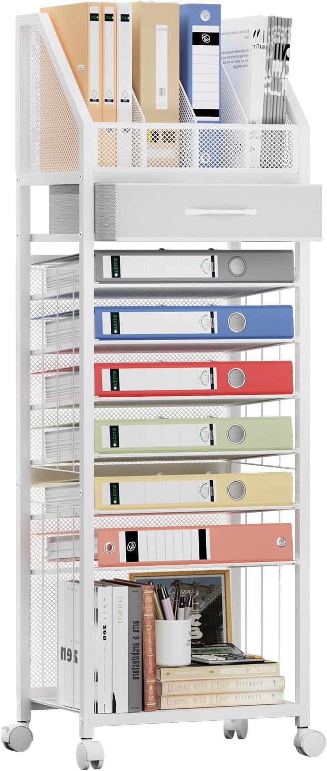 SWTYMIKI 9-Tier Rolling File Cart - Paper Organizer with Drawer and Trays, Wood Desk Office Organizer, Office Organization and Binder Storage for Workspace, Home, School, White
