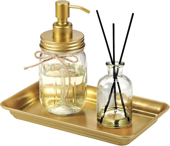Vintage Farmhouse Decor Metal Vanity Tray(2 Pack),Countertop Guest Hand Towel Storage Organizer Tray Dispenser, Sturdy Holder for Perfume,Cosmetics, Jewelry, Makeup Bathroom Organizer（Gold）