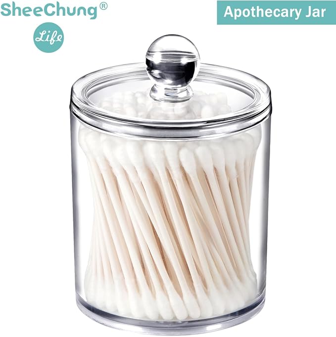 SheeChung 6-Pack Clear Acrylic Apothecary Jars with Labels - (3) 10oz & (3) 12oz Qtip Holder Set - Shatterproof Bathroom Vanity Organizer for Cotton Swabs, Balls, Pads - Minimalist Decor