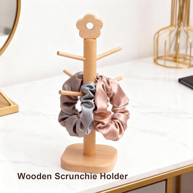 Wooden Hair Tie Holder, Beechwood Accessory Organizer with 6 Prongs for Scrunchies and Bands, Tabletop Storage Rack Home Boutique