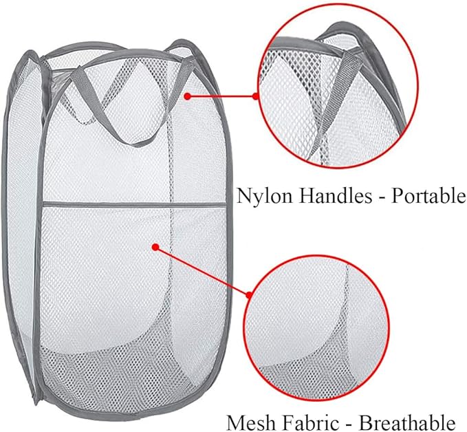 Larpur Popup Mesh Laundry Basket, Collapsible Laundry Hamper Portable Clothes Washing Laundry Hamper with Reinforced Carry Handles for Home, Dormitories, Travel, Apartments (Grey)
