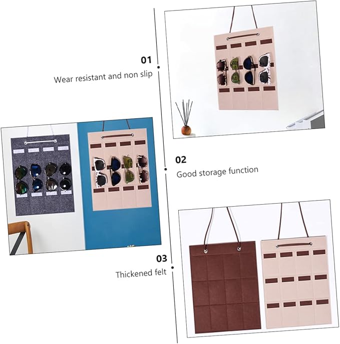 Felt Sunglasses Organizer Wall Hanging Bag Multi-compartment Storage for Eyewear Jewelry Accessories Space-saving Design Material Camel Color
