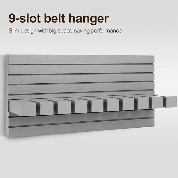 Belt Organizer for Closet, Belt Hanger Wall Mounts to Hold 9 Belts without Slipping, Space Saving Belt Rack for Closet Organization includes Mounting Hardware (11.8” x 5.5” x 2.5”) (Gray)