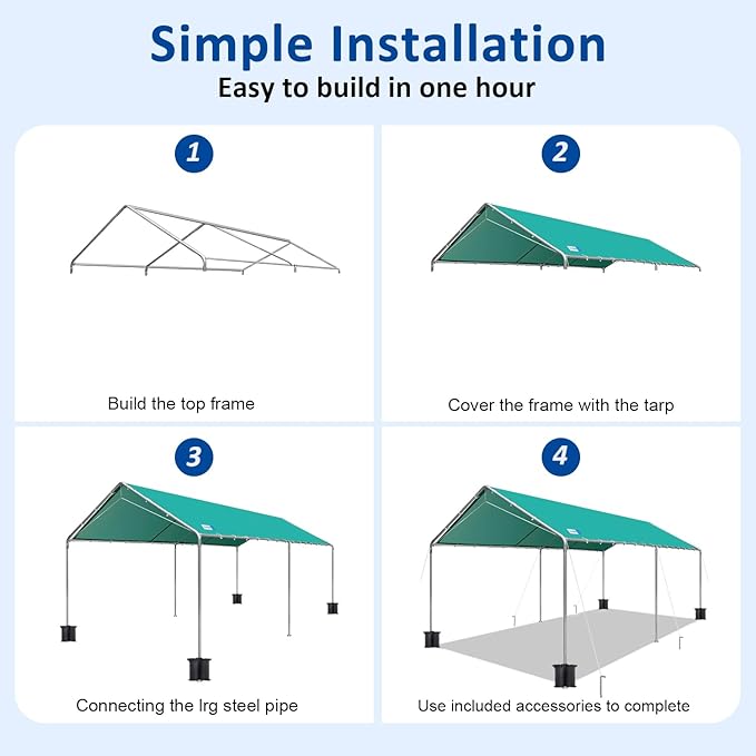 10x20 ft Heavy Duty Car Canopy Galvanized Frame Carport Outdoor Party Tent Boat Shelter with Reinforced Structure, No Sidewall - Green