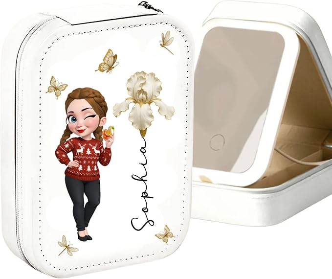 Bloom Within - Personalized Jewelry Box with LED Mirror, Birth Flower Jewelry Storage Box for Bestie, Cartoon Girl Custom Leather Jewelry Box, Floral Jewelry Organizer for Women, Bestie Gifts