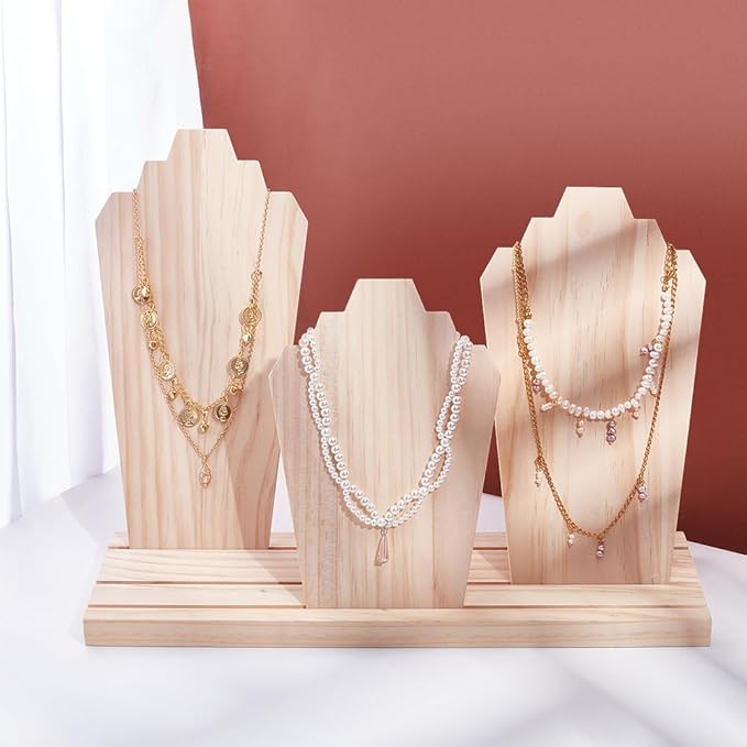 PH PandaHall Wood Necklace Display Stands with 3-Row Holder and 3 Removable Displays Wood Plank Necklace Storage Holder Bust Easel Jewelry Display for Necklaces, Rings Storage, Blanched Almond
