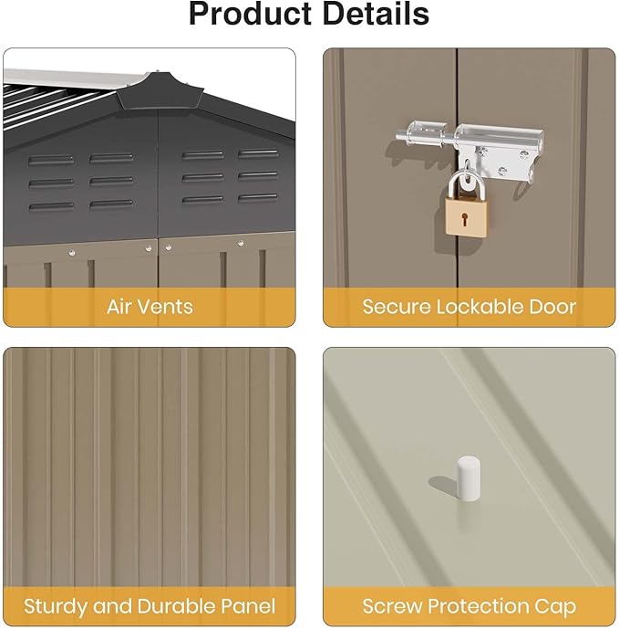 Patiowell 6x4 FT Storage Shed, Outdoor Metal Sheds with Lockable Door and Sloping Roof, Waterproof Outside Utility Garden Tool Shed with Breathable Vents for Patio Lawn Backyard, Brown