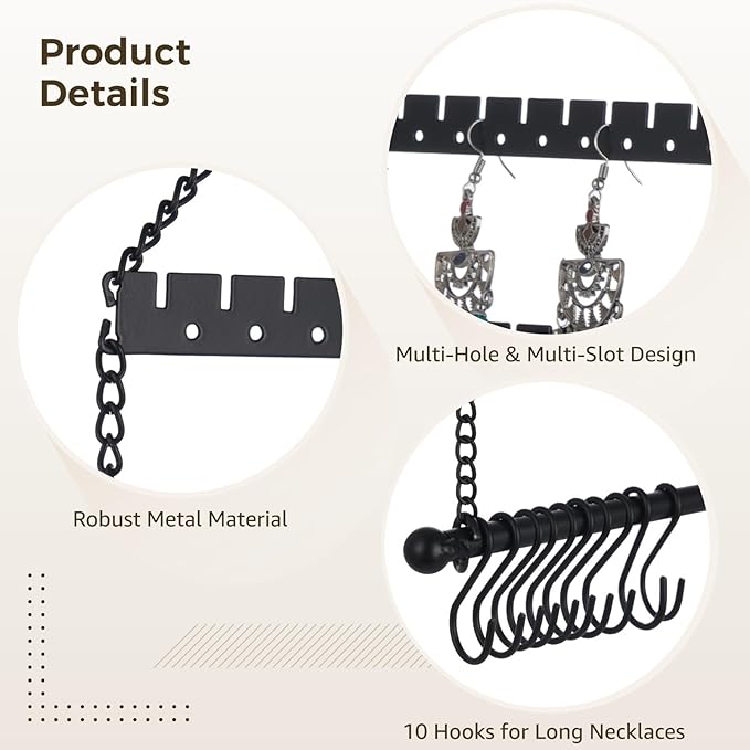 Wall Mounted Jewelry Organizer, 19.3 x 9.8 in, 6-Tier Foldable Hanging Earring Organizer with 10 Hooks, Black Metal Earring Holder Display Rack