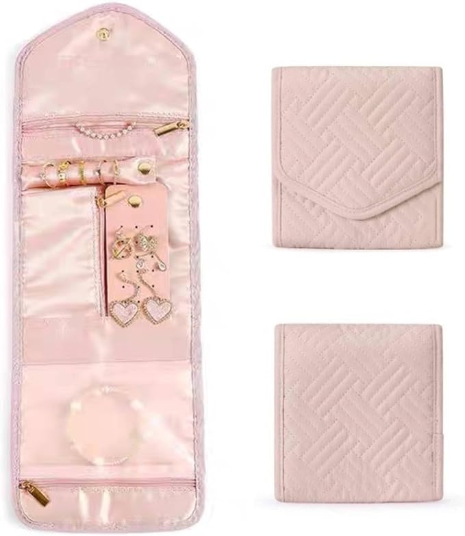 Jewelry Organizer for Women, Jewelry Organizers and Storage Foldable Jewelry Roll Bag for Rings, Earrings, Necklaces, Bracelets – Travel Jewelry Case for Travel Essentials, Pink