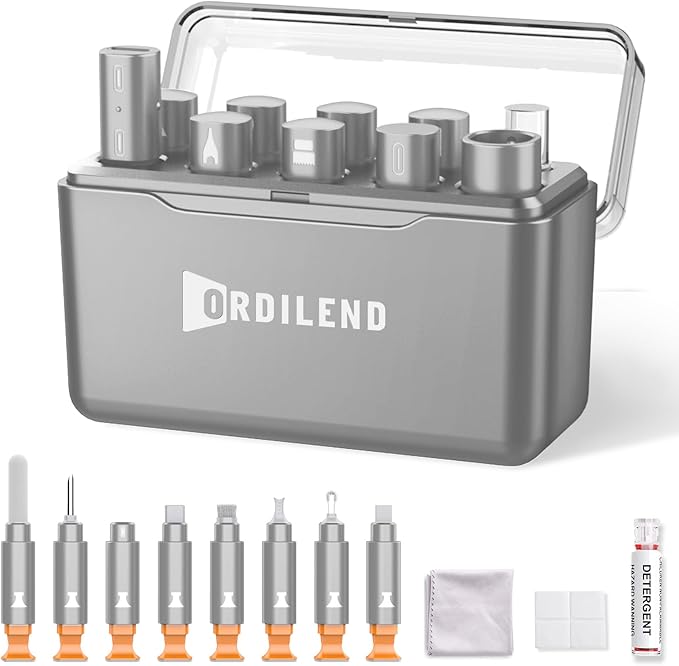 Ordilend for iPhone Cleaning Kit for Charging Port Cleaner, Multi-Tool iPhone Cleaner Repair Lightning Cable, Cell Phone Cleaning Kit for iPad, Connector, Speaker, Airpod with Storage Case, Grey