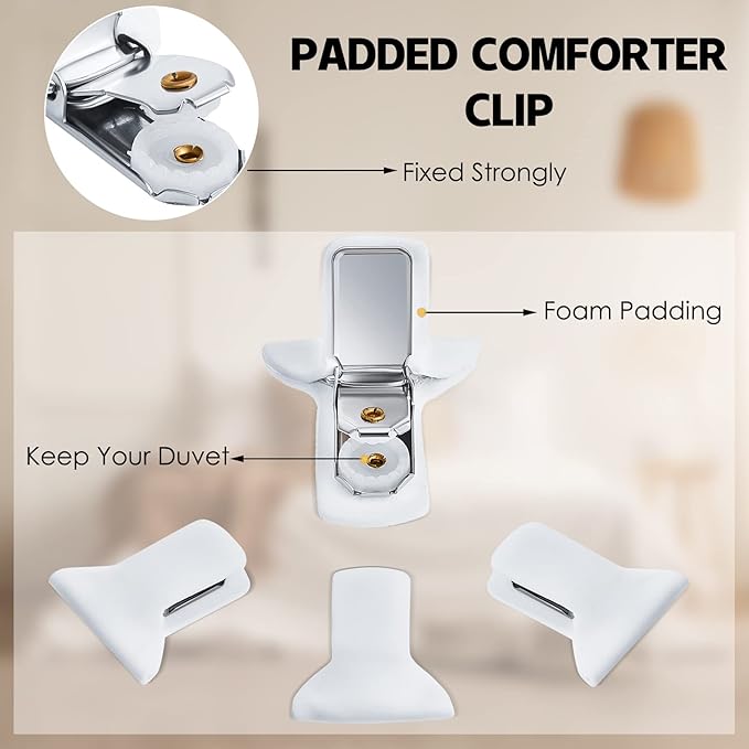 Patelai 24 Pieces Padded Comforter Clips White Duvet Clips Padded Blanket Fasteners to Secure Bedding for Preventing Comforters From Shifting Inside Duvet Cover, Sweet Sleeping
