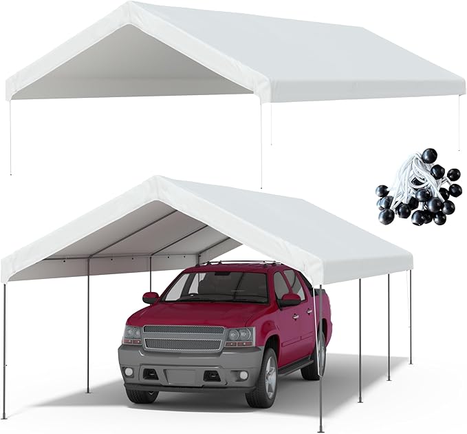 10x20 FT Carport Replacement Canopy Top Upgraded Car Port Canopy Cover for Carport Party Tent Waterproof & UV Protected, Easy Installation with Ball Bungees, White (Top Cover Only, Frame Not Included)