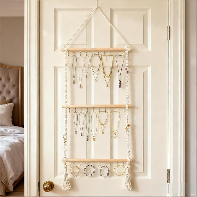 Hanging Macrame Jewelry Organizer - 30-Hook Necklace Holder, Wall Mounted/Over Door Jewelry Hanger with Tassel for Bracelet, Earring, Headband, Necklace