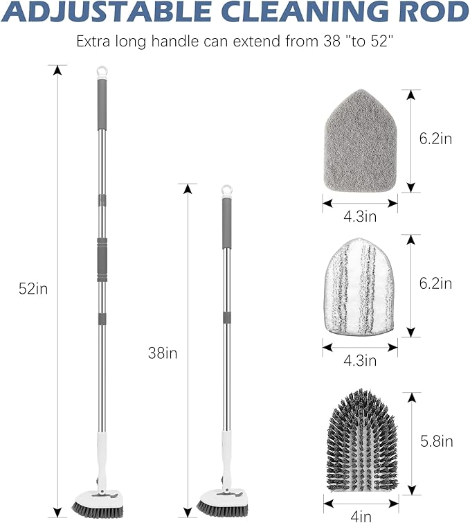 SetSail Floor Scrub Brush, 3-in-1 Tile Tub Floor Scrubber with 52-inch Adjustable Long Handle Shower Cleaner Brush and 3 Detachable Replacement Brush Heads for Cleaning Bathroom Tub Tile, White