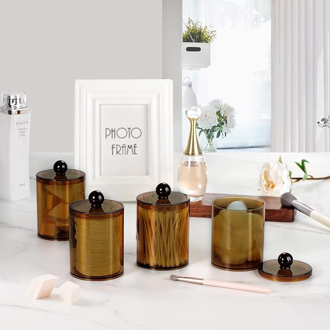 SheeChung 4-Pack Amber Acrylic Apothecary Jars - (2) 10oz & (2) 12oz Qtip Holder Set - Shatterproof Bathroom Vanity Organizer for Cotton Swabs, Balls, Pads - Modern Farmhouse Decor