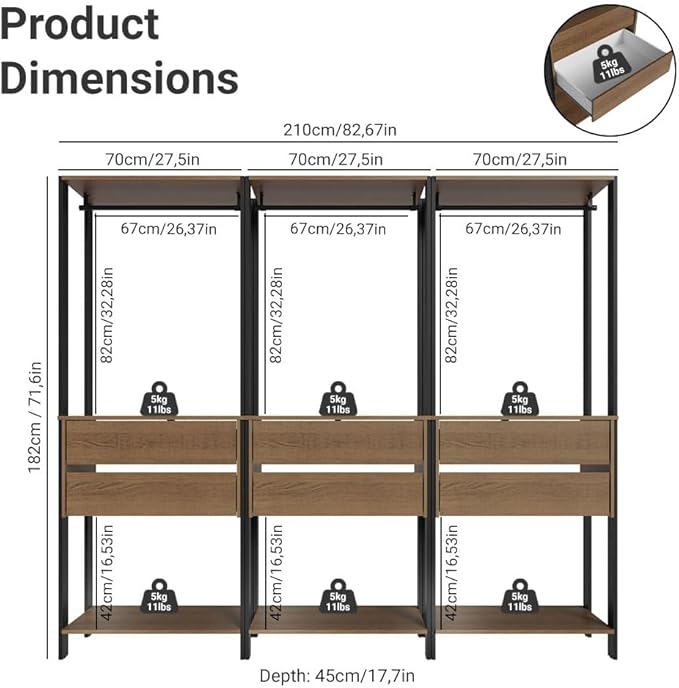 Madesa Garage Storage Rack with 6 Drawers and Hanging Spaces 82" L Multiuse Modular Organization Cabinet for Tools (BLACK/BROWN)