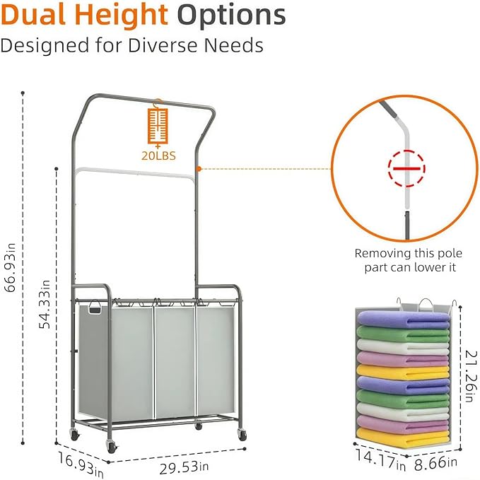 ROMOON Laundry Sorter Hamper with Hanging Bar, 3 Section Rolling Laundry Cart with Clothes Rack & Heavy-Duty Lockable Wheels, Divided Laundry Basket Organizer for Apartment & Small Spaces ((130L Grey)