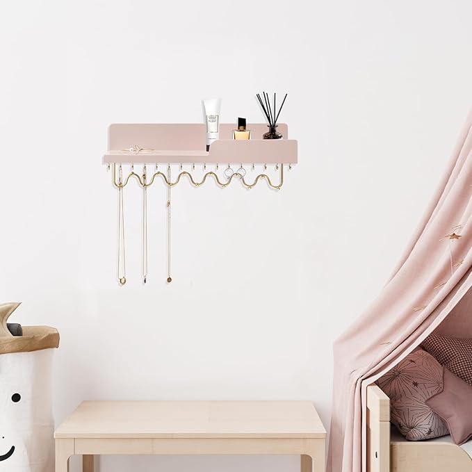 29 Hooks Wall Mount Necklace Holder Organizer, Pink Decorative Wood Jewelry Shelf with Gold Metal Wave Bar and Guardrail for Necklace, Pendant, Chain, Bracelet