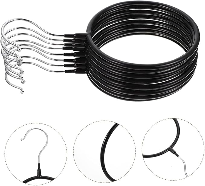 PRETYZOOM 10pcs Multi-Functional Scarf Hangers and Necktie Organizer Rack, Large Black Plastic-Coated Iron Scarf Rings for Closet Storage and Belt Holder, Space-Saving Accessory Organizer