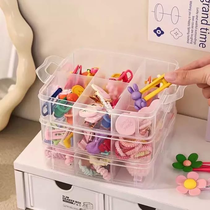 3-Tier Hair Accessories Storage Box, Clear Plastic Organizer with Handle, 5.9 x 5.9 x 5.1 in (Transparent, 5.9 x 5.9 x 5.1 in)