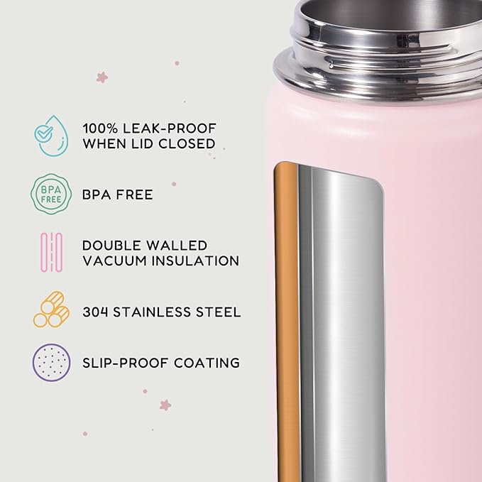 12oz Kids Water Bottle for School, Toddler Bottles with Straws, Stainless Steel Vacuum Insulated Water Bottle for Boys&Girls, Leak-Proof, BPA-Free, Pink