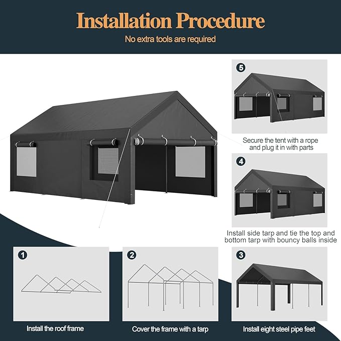 Shintenchi 12x20 FT Heavy-Duty Design Carport,Portable Garage Canopy,Carport Canopy with Side-Opening Removable Door & Roll-Up Window,Portable Car Port for Car, Truck, Boat,Grey