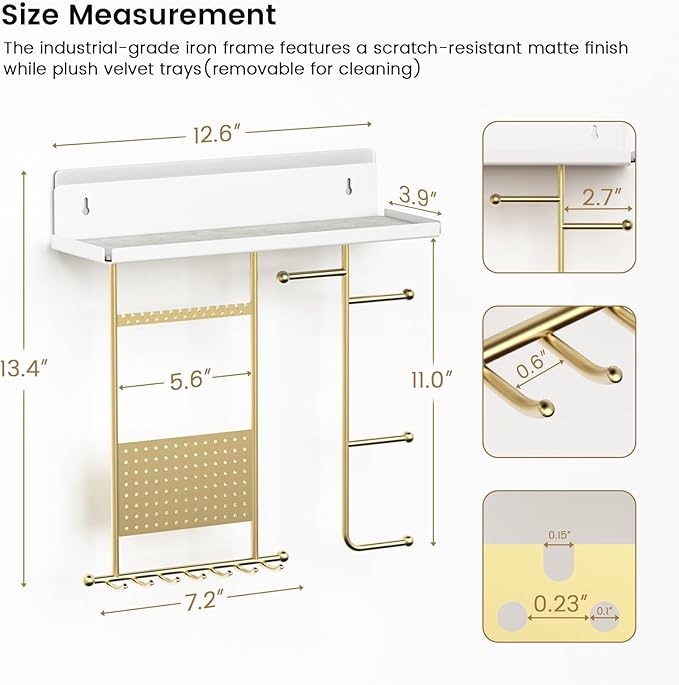 Wall Mounted Jewelry Organizer with Shelf: Metal Display Stand with Velvet Pad, Multi-Layer Necklace Hanging Rack for Bedroom Bathroom Space Saving No-Drill Wall Decor