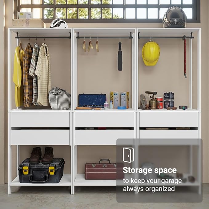 Madesa Garage Storage Rack with 6 Drawers and Hanging Spaces 82" L Multiuse Modular Organization Cabinet for Tools (WHITE)