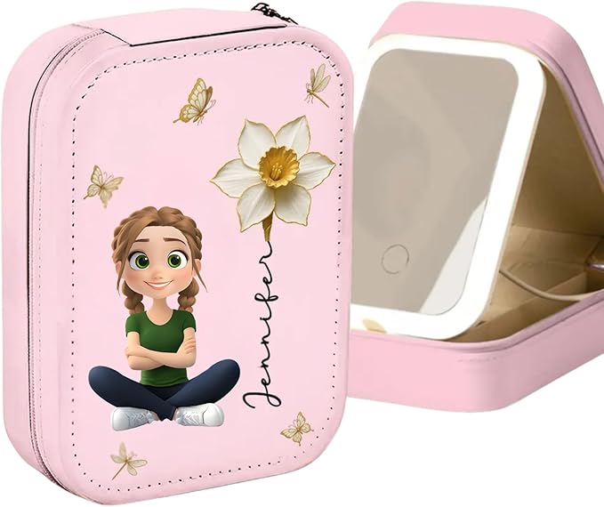 Floral Soul - Personalized Jewelry Box with LED Mirror, Cute Cartoon Girl Leather Jewelry Box, Custom Birth Flower Mirror Jewelry Organizer for Women, Friendship Keepsake Gifts, Sister Gifts