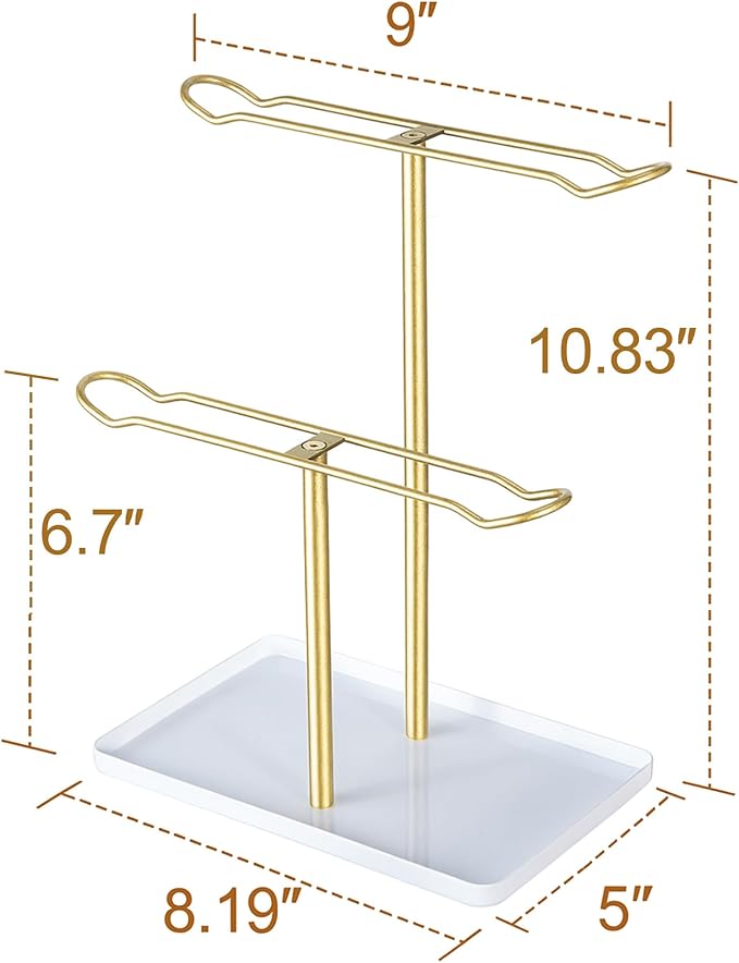 Headband Holder Organizer for Hair Accessories: Headband Storage Vanity Hair Clip Organizer, Two-Tier Stand with Storage Tray for Girls Women, Jewelry Necklace Rack for Vanity, Bathroom, Gold