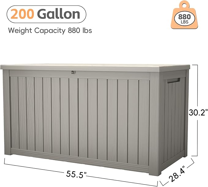 Outdoor Storage Box, 200 Gallon Waterproof Resin Deck Box, Storage Bin for Package Delivery, Patio Furniture Cushion, Garden Tools, Pool Accessories, Weatherproof and UV Resistant, Grey