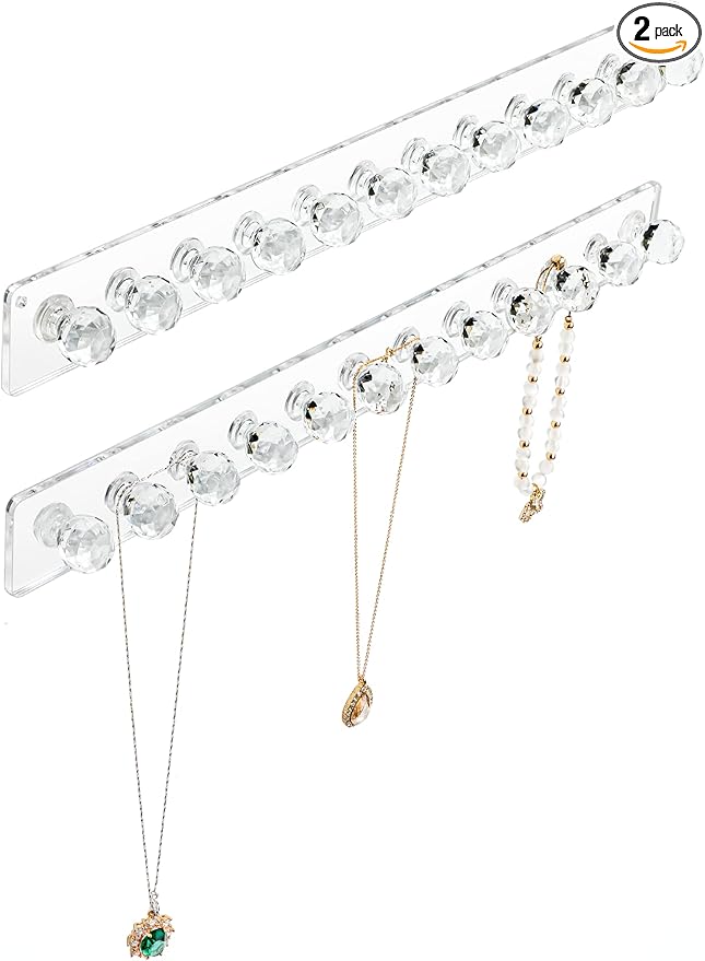 Heesch Necklace Holder, Acrylic Necklace Hanger, Wall Mount Necklace Organizer, Jewelry Hooks for Necklaces, Bracelets, Chains (2-pack Clear)
