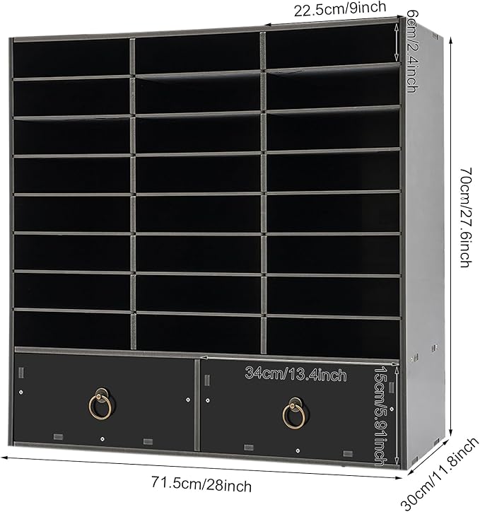 24-Compartment Literature Organizer with 2 Drawers – Adjustable Shelves & Lockable Storage Cabinet, Wall-Mountable Mail Sorter for Office, Classroom, Home (Black)