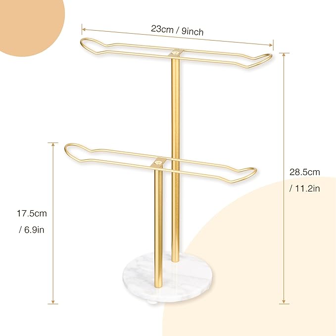 Headband Holder Organizer Two-Tier with Marble Base: Jewelry Display for Women, Hair Accessories Storage Stand Scrunchie Necklace rack for Girls, for Bathroom, Vanity, Dresser, Gold