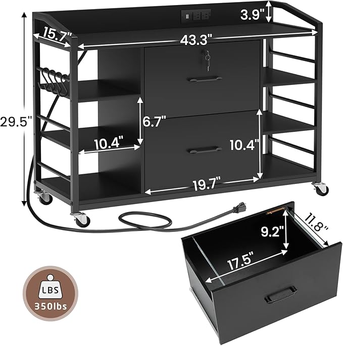 SEDETA 44" File Cabinet, Filing Cabinets fits Legal, Letter, A4 Size, 2 Drawer Office File Cabinet for Home Office with Lock, Power Strip, 6 Adjustable Shelves & 4 Hooks, Black