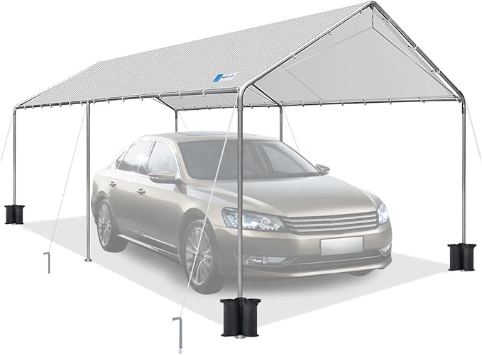 10x20 ft Heavy Duty Car Canopy Galvanized Frame Carport Outdoor Party Tent Boat Shelter with Reinforced Structure, No Sidewall - Light Grey