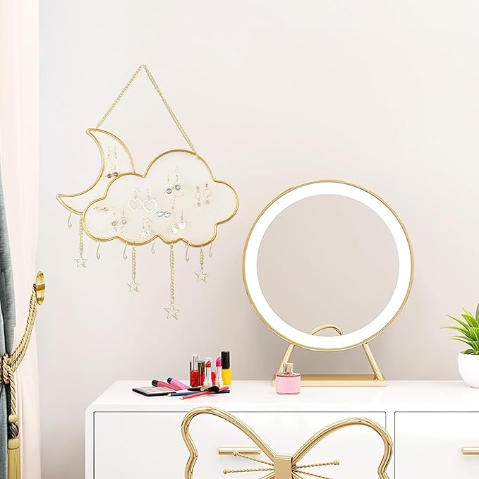 WCHOSOZH Hanging Earring Holder Organizer, Metal Wall Mounted Jewelry Holder with 6PCS Hanging Hooks, Moon Cloud Shape Necklace Display Rack and Storage for Earrings Necklace Bracelet (Gold)