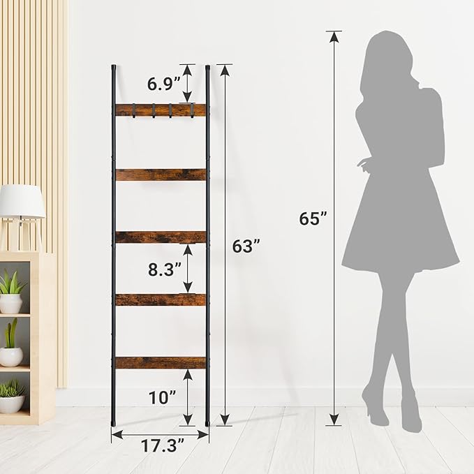 ELYKEN 2 Pack Blanket Ladder for Living Room, Farmhouse 5-Tier Quilt Holder with 4 Removable Hooks for Bathroom, Wood Towel Rack Display, Wall Anchor Leaning Decorative Stand for Home, Rustic Brown