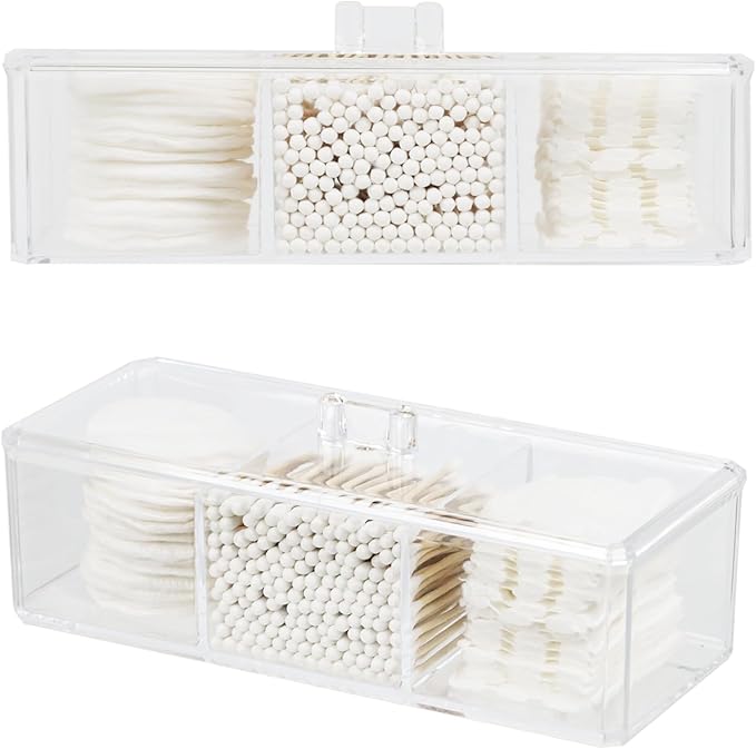 Clear Bathroom Dresser Organizer - Cotton Ball Swab Holder with 3 Divided Compartments&Lid, , Waterproof Transparent Small Plastic Storage Containers, Vanity Makeup Organization